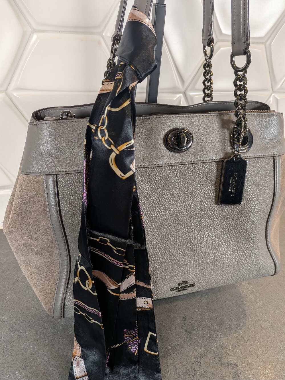 Coach Turnlock Edie Leather Suede Carryall Bag Grey Black Shoulder Womens